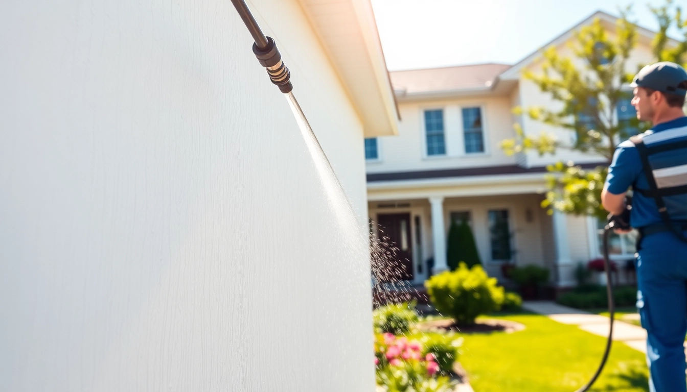 House Washing service revitalizing a home exterior with a pressure washer.