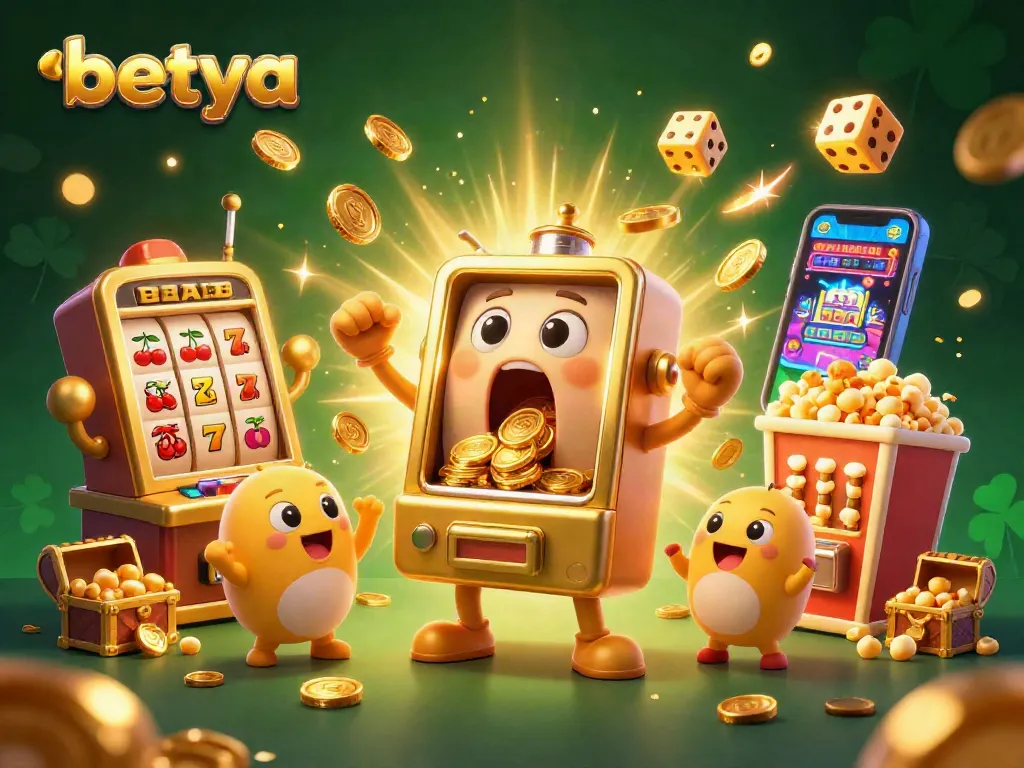 Betya showcases a lively scene of a golden slot machine celebrating its jackpot amidst cheering companions and casino elements.