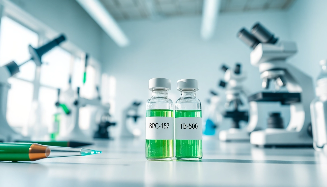Research laboratory focusing on BPC-157 and TB-500 peptides amidst scientific equipment, enhancing understanding.
