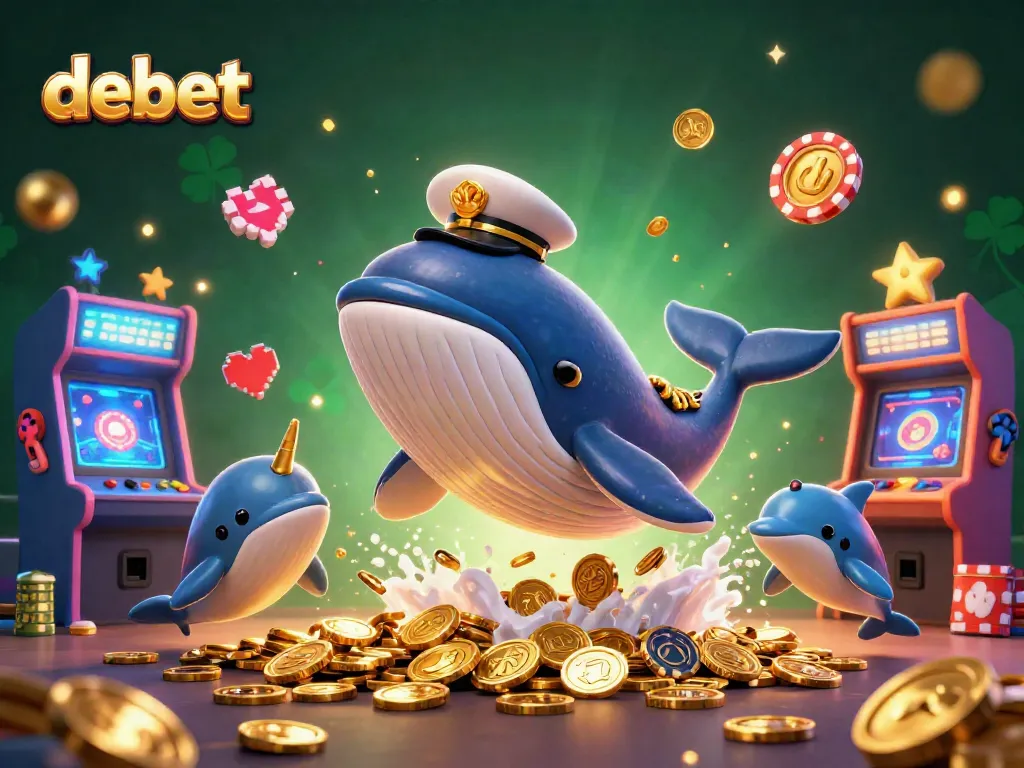 Experience the excitement of debet with a whale, narwhal, and dolphins in a colorful casino-themed scene.