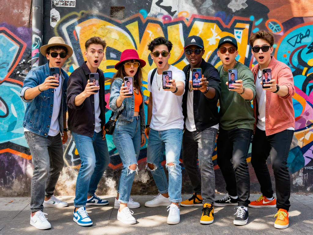 Celebrities look alike: Young adults joyfully comparing their looks to famous stars in a vibrant urban scene.