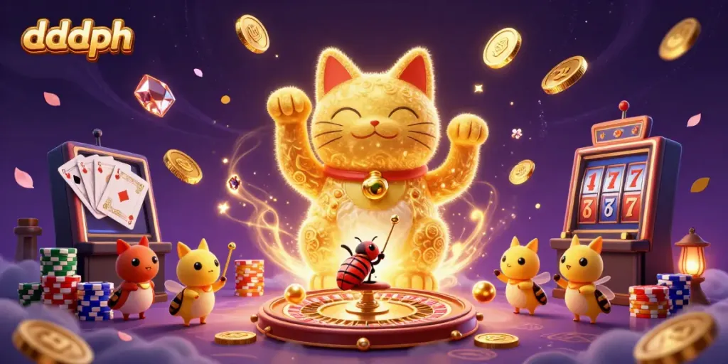 Experience the enchanting dddph world with a golden lucky cat and casino symbols in vibrant detail.