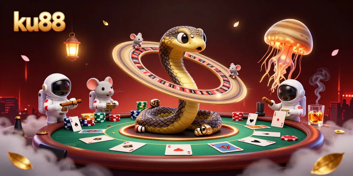 Experience the thrilling atmosphere of ku88 with a cosmic gambling scene featuring a Saturn ring snake and astronaut mice.