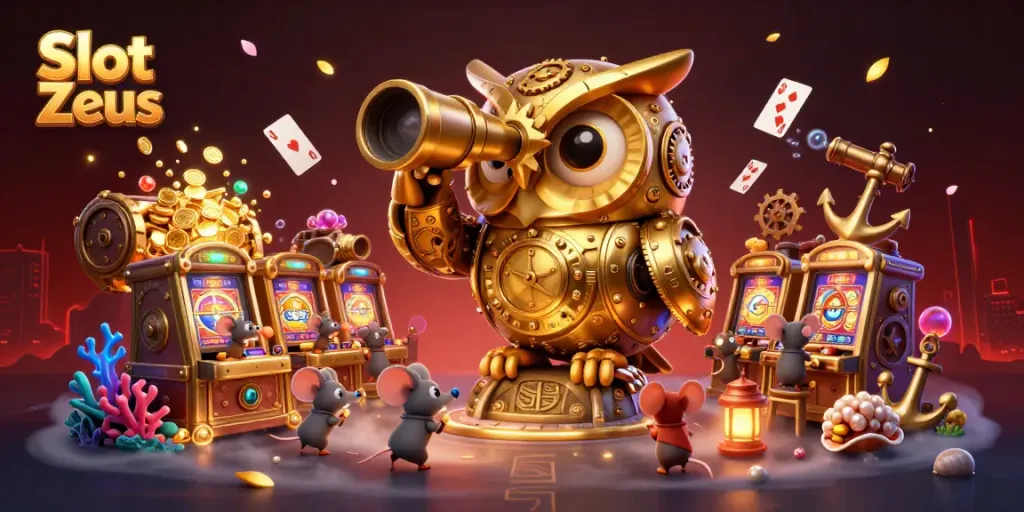 Menangkan jackpot di Slot Zeus dengan burung hantu emas dan mesin slot berkilauan.