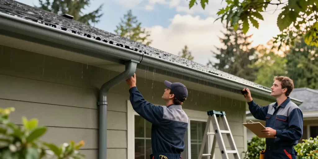 Installed Spokane seamless gutter with maintenance professional inspecting home exterior in a lush garden