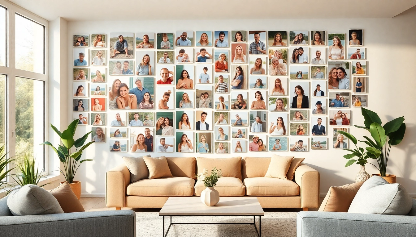 Create a stunning photo wall showcasing memorable moments beautifully arranged.