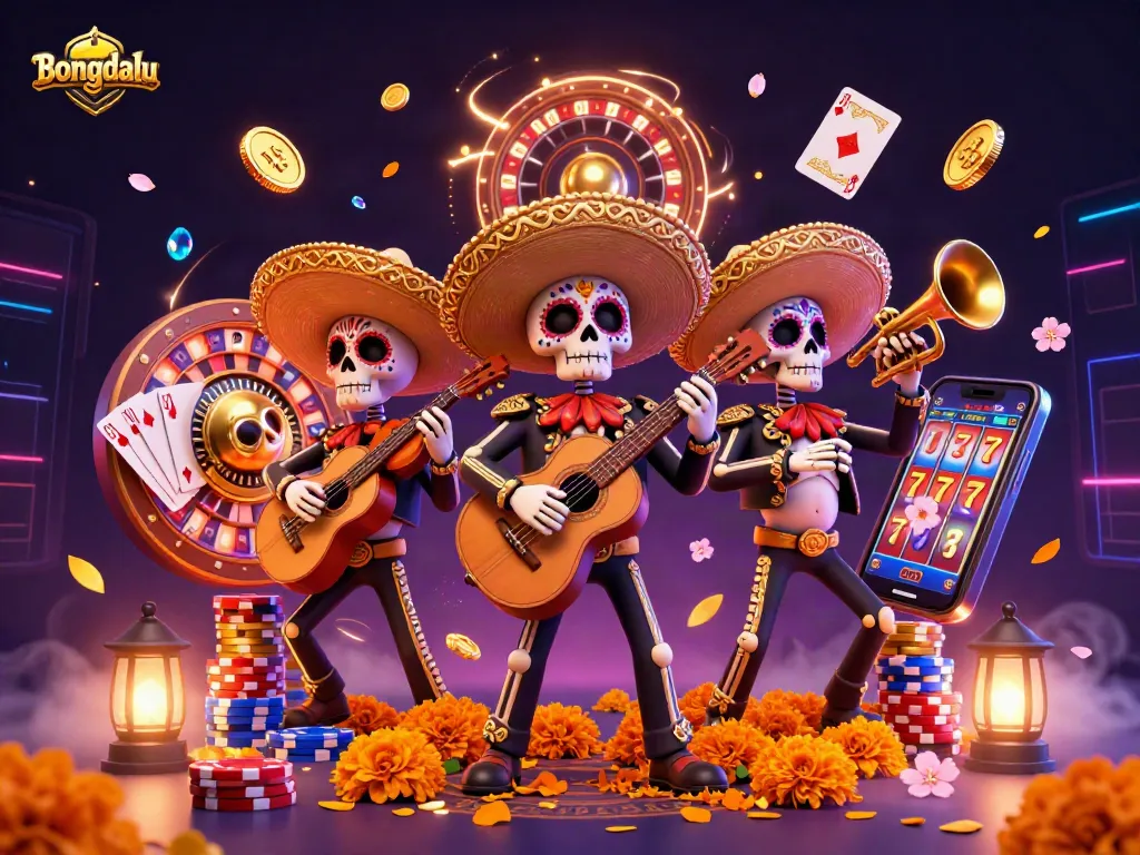 Bongdalu showcases an exciting scene with a vibrant skeleton mariachi band surrounded by casino elements like golden coins and a spinning roulette wheel.
