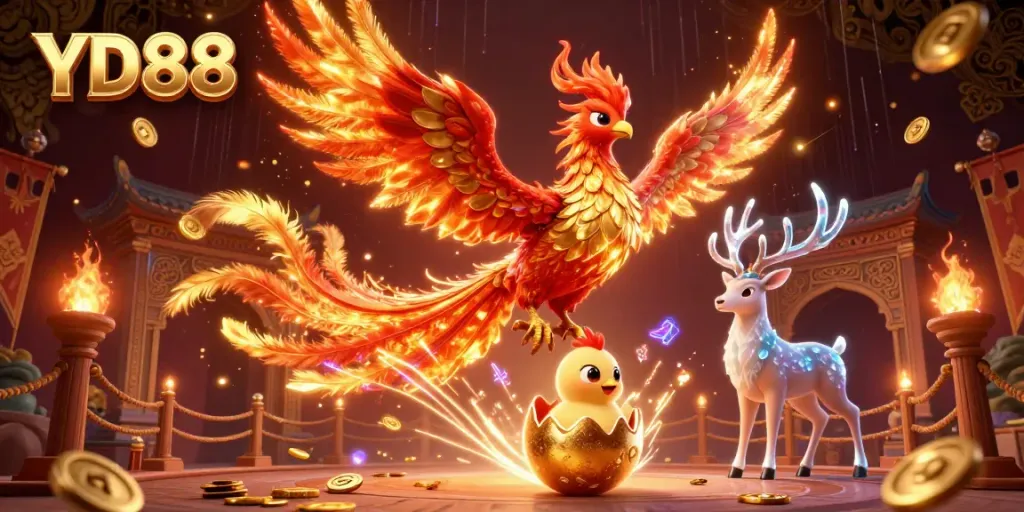 Experience thrilling gameplay and vibrant wins with YD88 in this animated casino scene featuring a fire phoenix and gold coins.