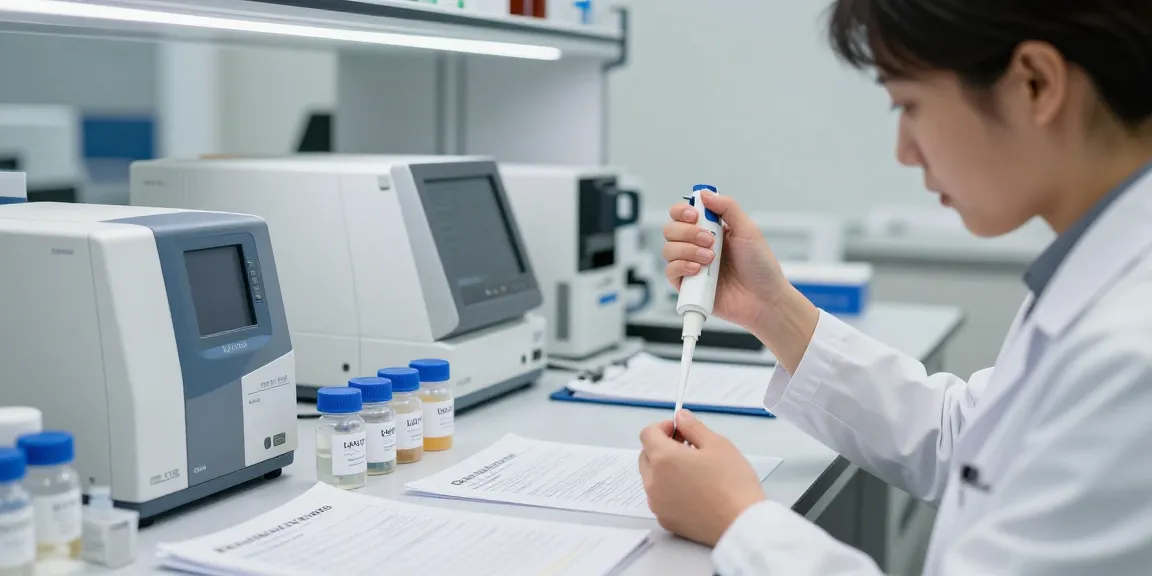 Koi Peptides Canada research in a lab involving precise measurement and analysis of synthesized peptides.