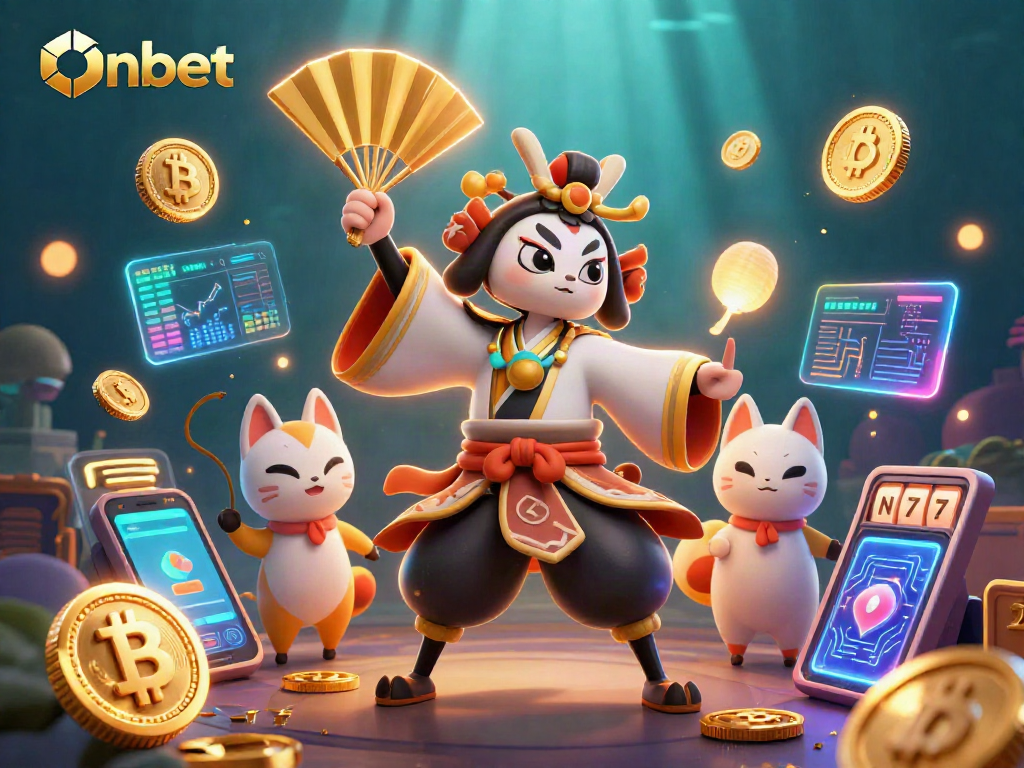 Experience Onbet with vibrant slot games and crypto elements in a dynamic casino scene.