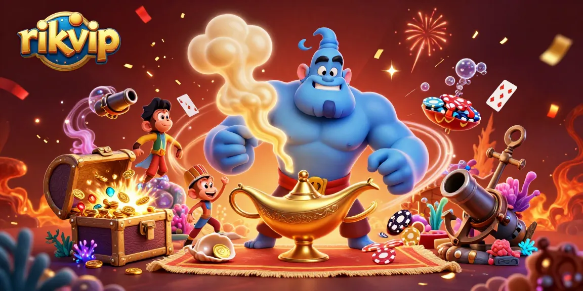 Experience the thrill of rikvip with a vibrant 3D illustration of a genie, monkey, and poker chips amidst festive casino elements.