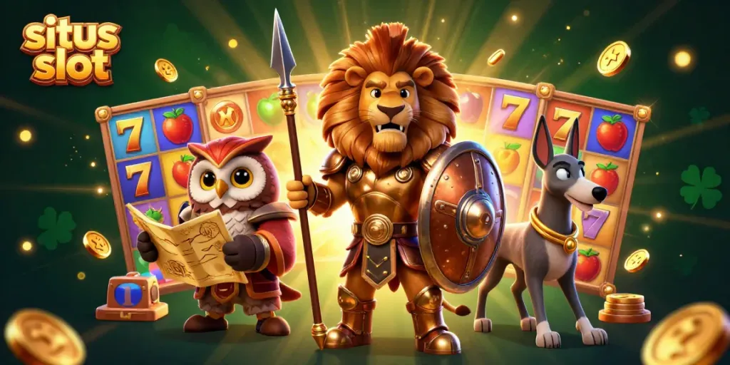 Experience exciting situs slot gameplay with Spartan lion, tactical owl, and swift greyhound in this vibrant 3D illustration.