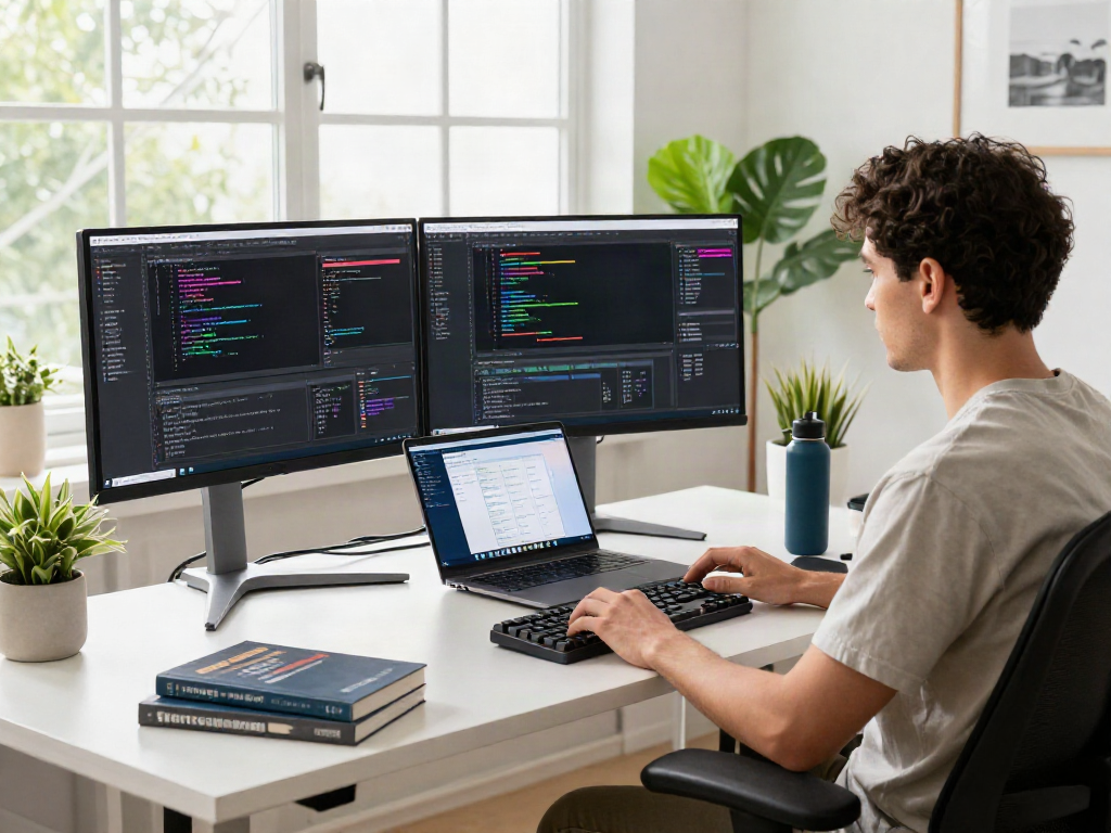 Developer crushing on efficient coding in a modern workspace with dual monitors and vibrant setup.