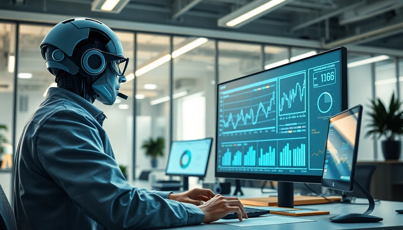 AI agents conducting complex data analysis in a sleek modern office.