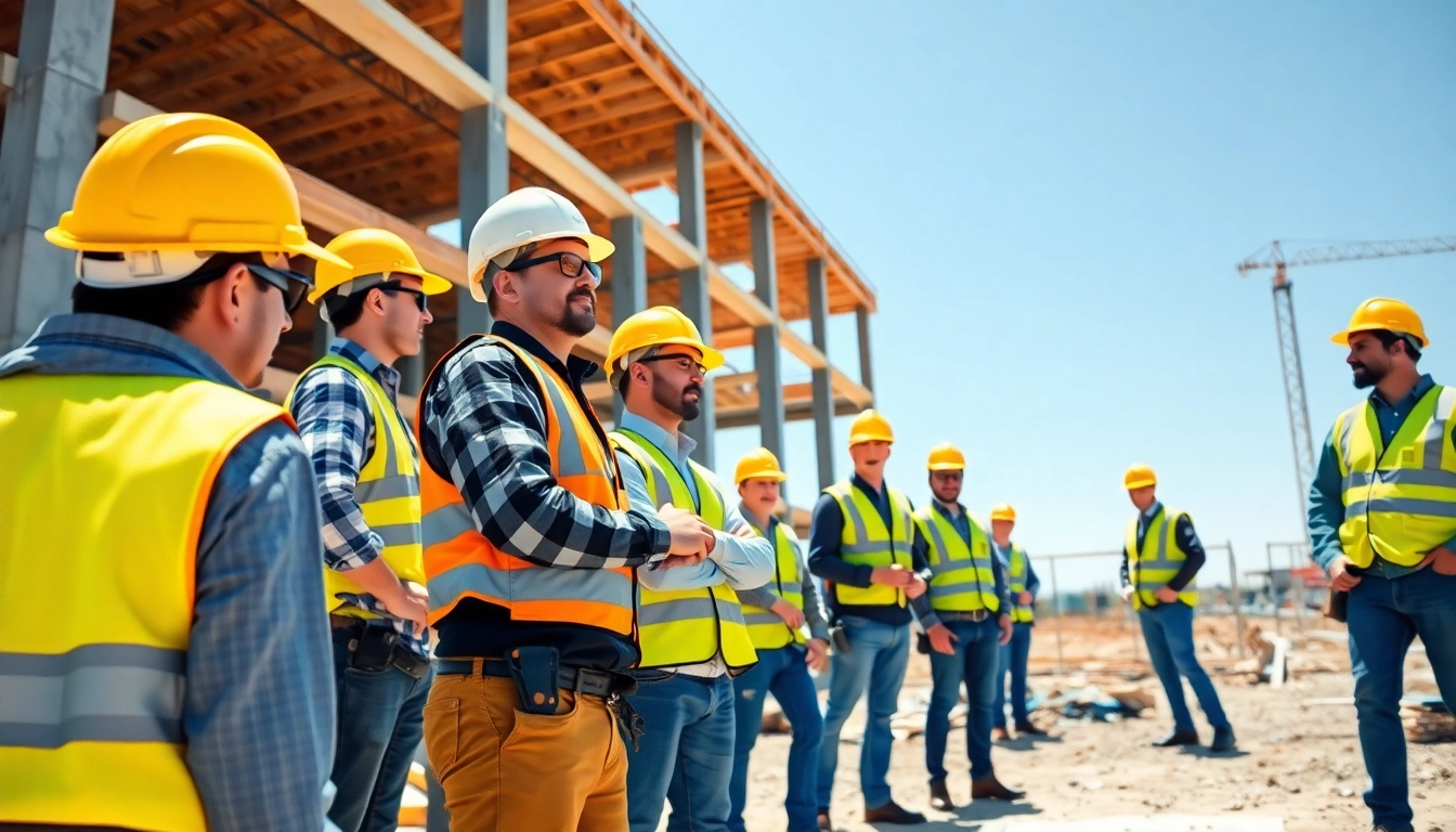 Engaged professionals in a construction company membership south texas collaborating at a job site.