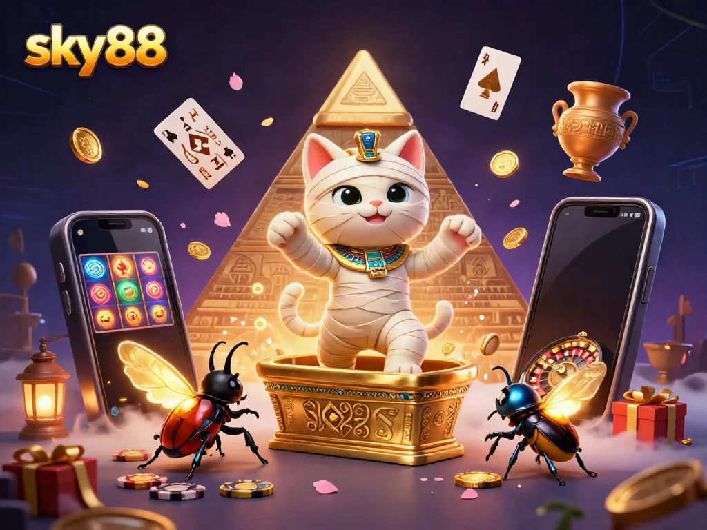 Play thrilling casino games with sky88, joining a mummy and scarab in an ancient pyramid casino.