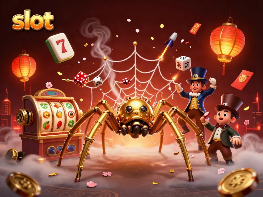 Slot bertema kasino dengan laba-laba steampunk dan elemen permainan, memukau dan berwarna-warni.
