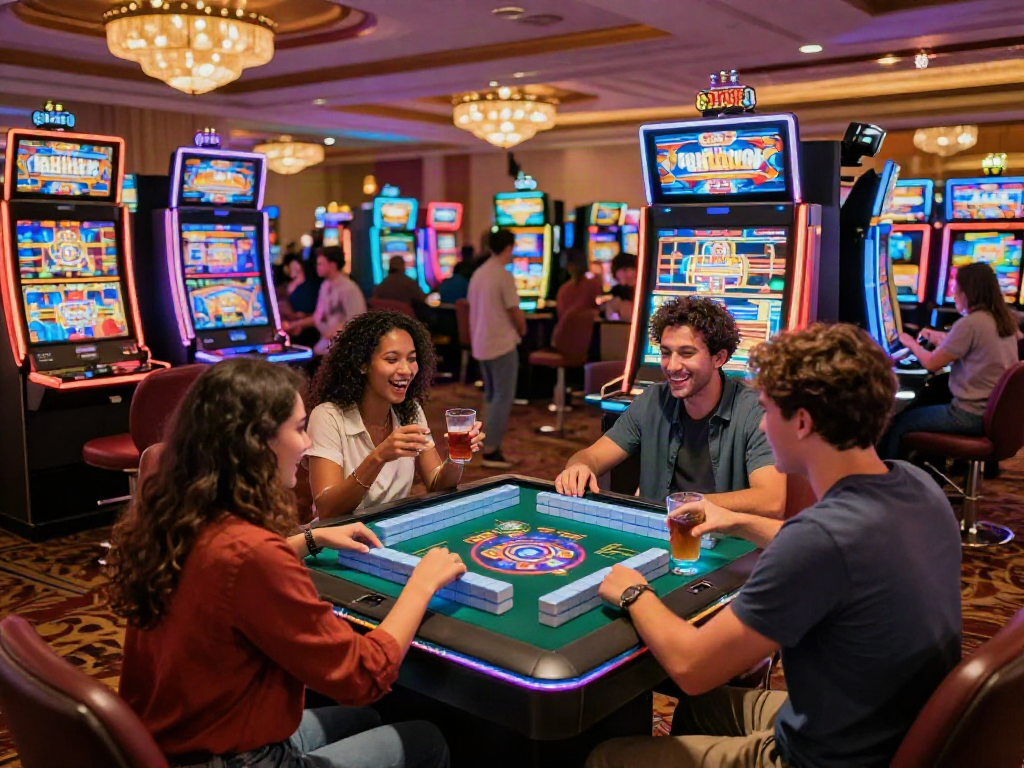 Exciting casino scene with friends playing Slot MAHJONGJP88 at a vibrant Mahjong machine.