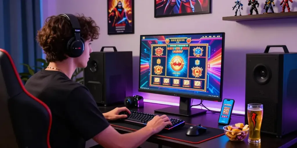 Engaging scene of a player immersed in online slot games at a vibrant gaming desk.