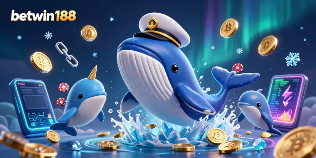 Betwin188 menyajikan ilustrasi kasino yang dinamis dengan ikan paus, narwhal, dan lumba-lumba bermain poker chip di lautan koin.