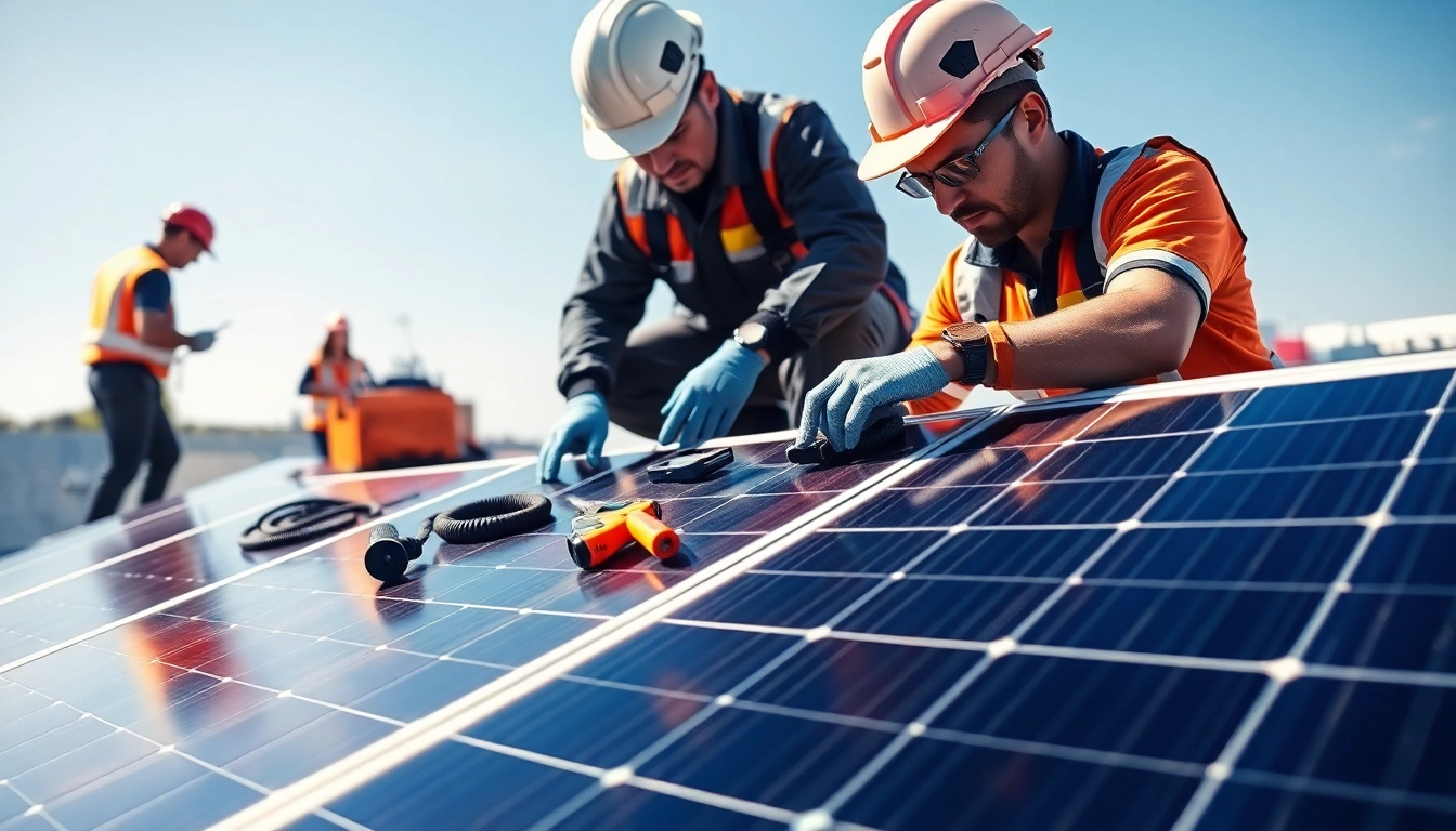 Technicians performing emergency solar panel repair on a rooftop, demonstrating professional service.
