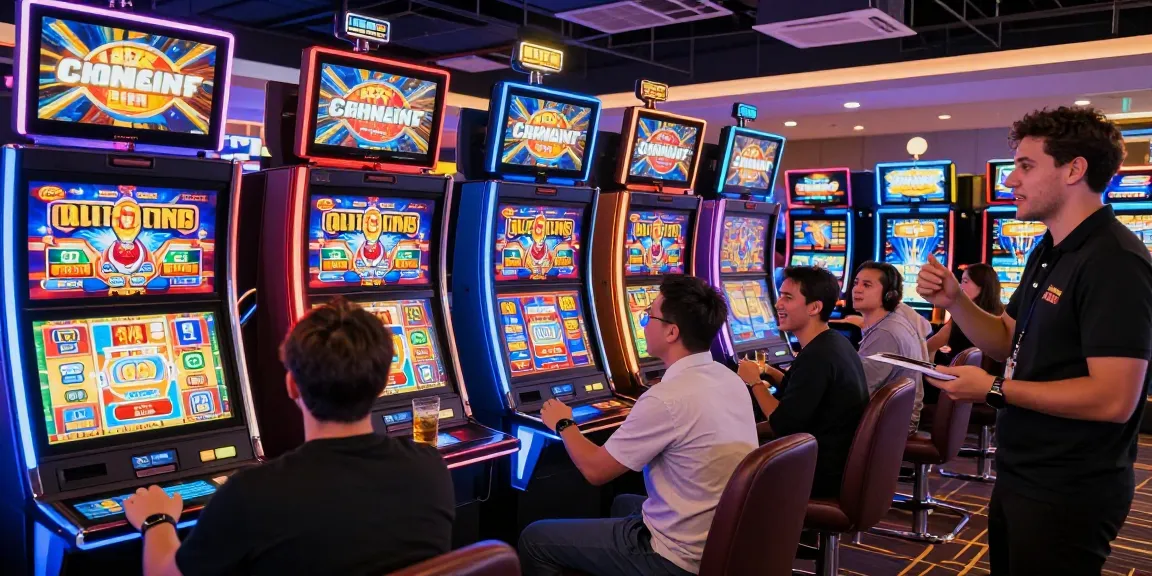 Pemain bahagia memainkan slot gacor di kasino modern dengan mesin berwarna-warni.