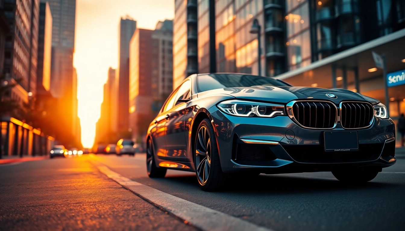 Stunning Luxury BMW car highlighting its design features in an urban evening setting.