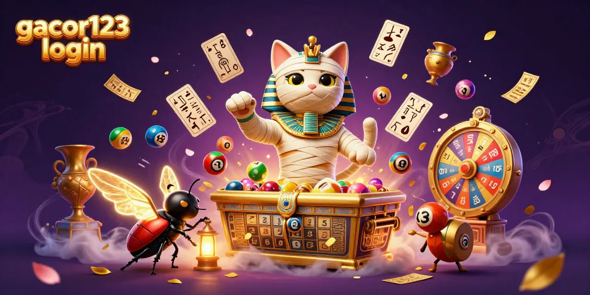 Engaging scene of a 3D cartoon mummy cat in a casino, showcasing gacor123 login excitement amidst colorful lottery balls.