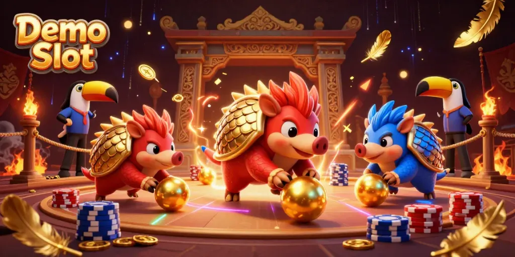 Demo Slot scene with rival pangolins competing in a vibrant casino environment.