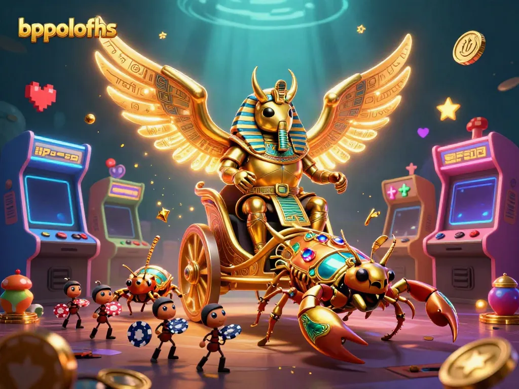 Engage in thrilling gameplay at bppolofhs with a dazzling illustration of a scarab beetle and casino elements.