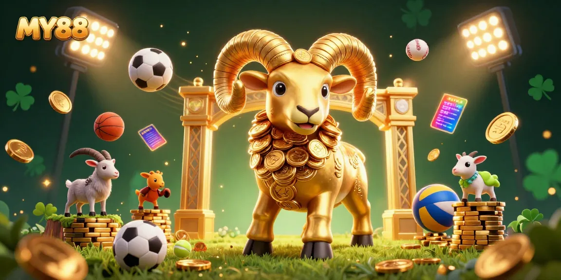 Experience thrilling gameplay at MY888 with a golden ram charging past sports elements, showcasing ultimate casino excitement.