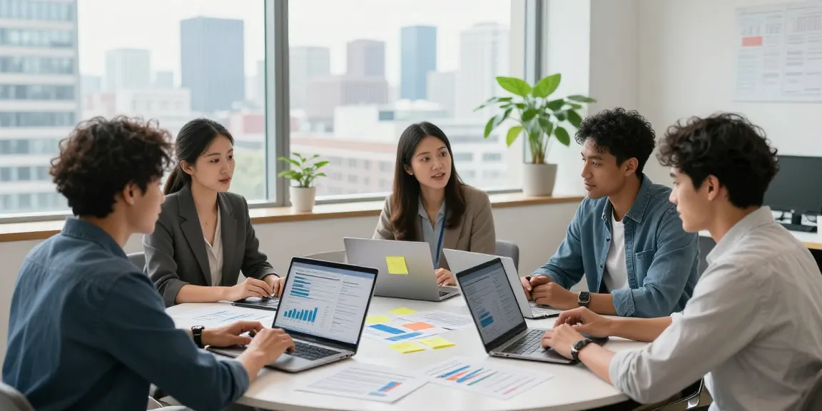 Team of marketers collaborating on a campaign, see more details in data analysis.