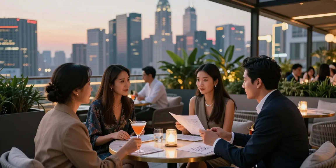 Suasana mewah di lounge rooftop dengan diskusi desain untuk luxury111.