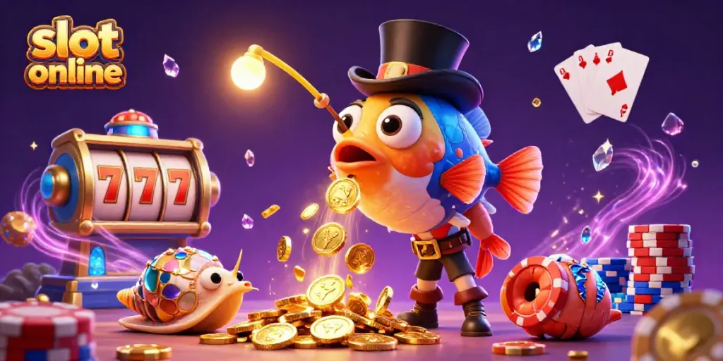 Spin and win with slot online amidst a treasure-filled sea, featuring vibrant characters and casino-themed elements.