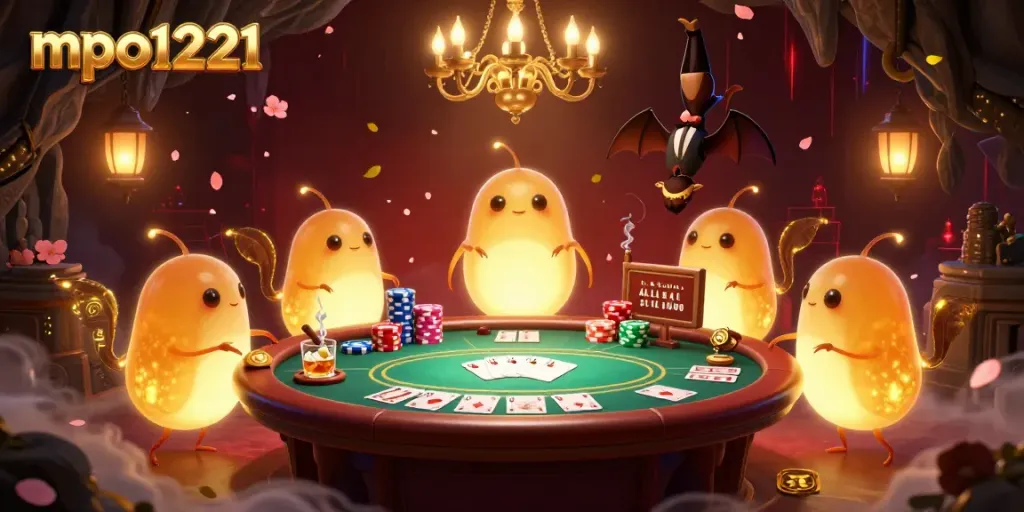 Participate in exciting games at mpo1221 casino with a vibrant glowworm-themed 3D illustration.