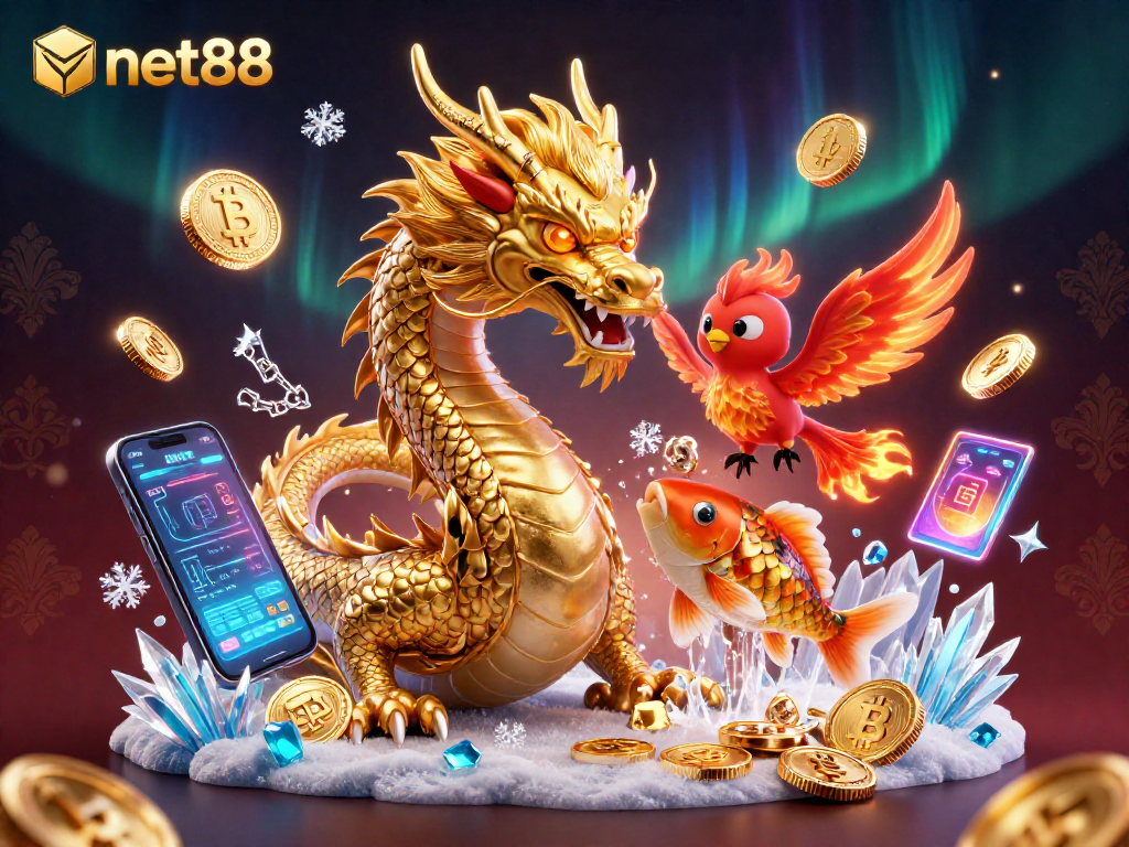 Engage in net88 with vibrant 3D casino elements featuring a dragon, phoenix, and koi fish.