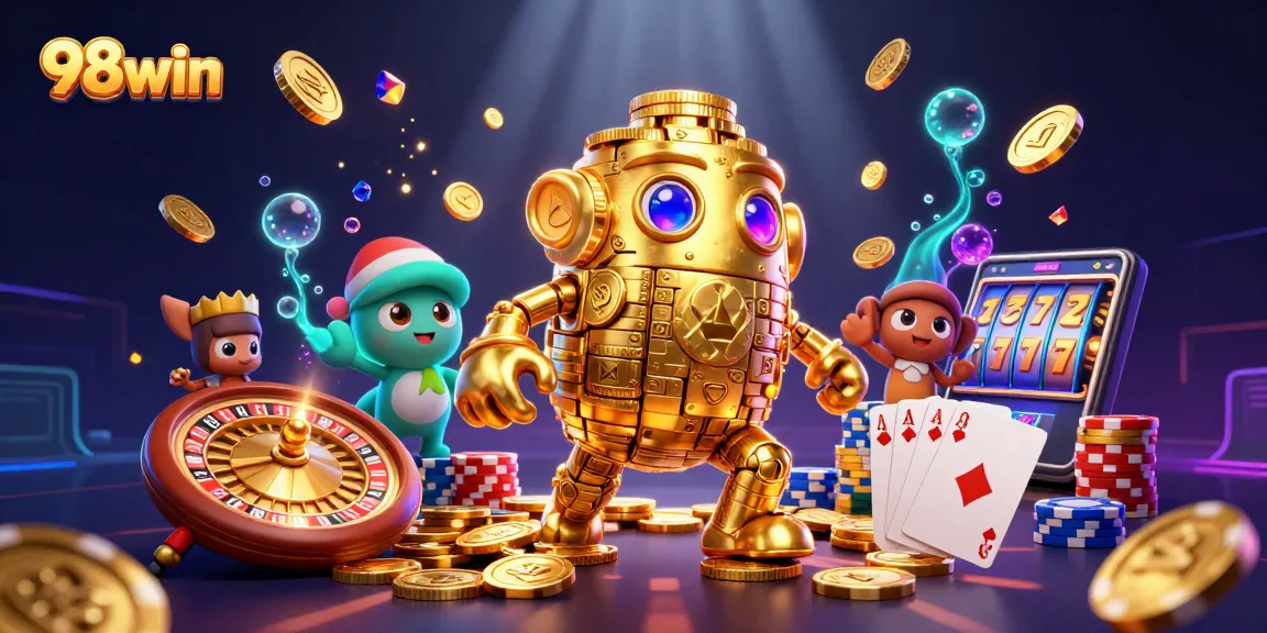 Experience thrilling gameplay at 98win with a 3D illustration showcasing exciting casino elements.