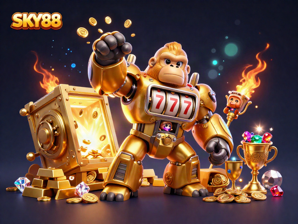 Join the excitement with SKY88 as the golden gorilla mech unleashes jackpots in a vibrant casino world.