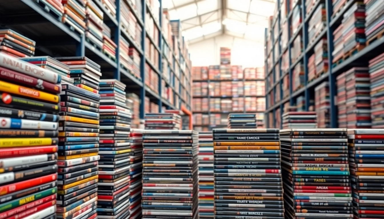 Showcase of vibrant bulk DVDs arranged for sale in a well-lit warehouse setting.