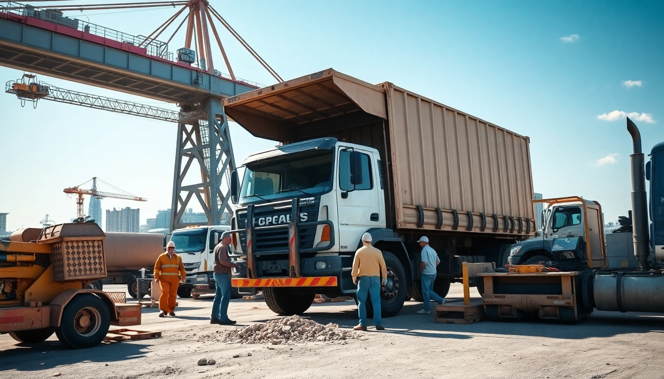 Hauling workers efficiently load materials into a large truck in a city setting.