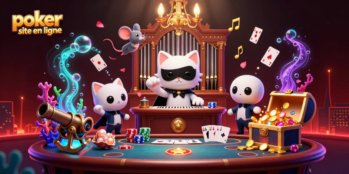 Le poker en ligne s'anime avec un chat masqué au piano, une souris acrobate et des jetons volants.