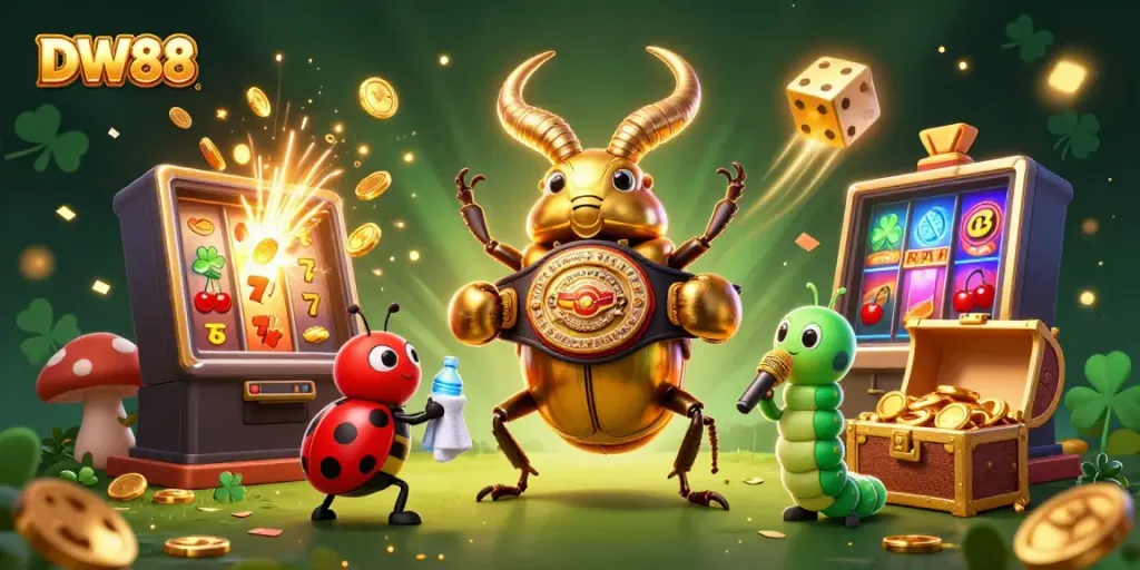 Experience thrilling wins at DW88 with a vibrant casino scene featuring a whimsical golden beetle boxing champion.