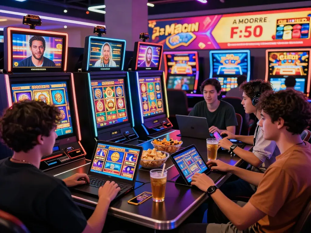 Friends playing slot gacor games in a modern digital casino atmosphere with snacks and drinks.