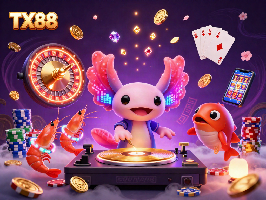 Engage with TX88's thrilling casino experience featuring a lively DJ axolotl and glowing game elements.